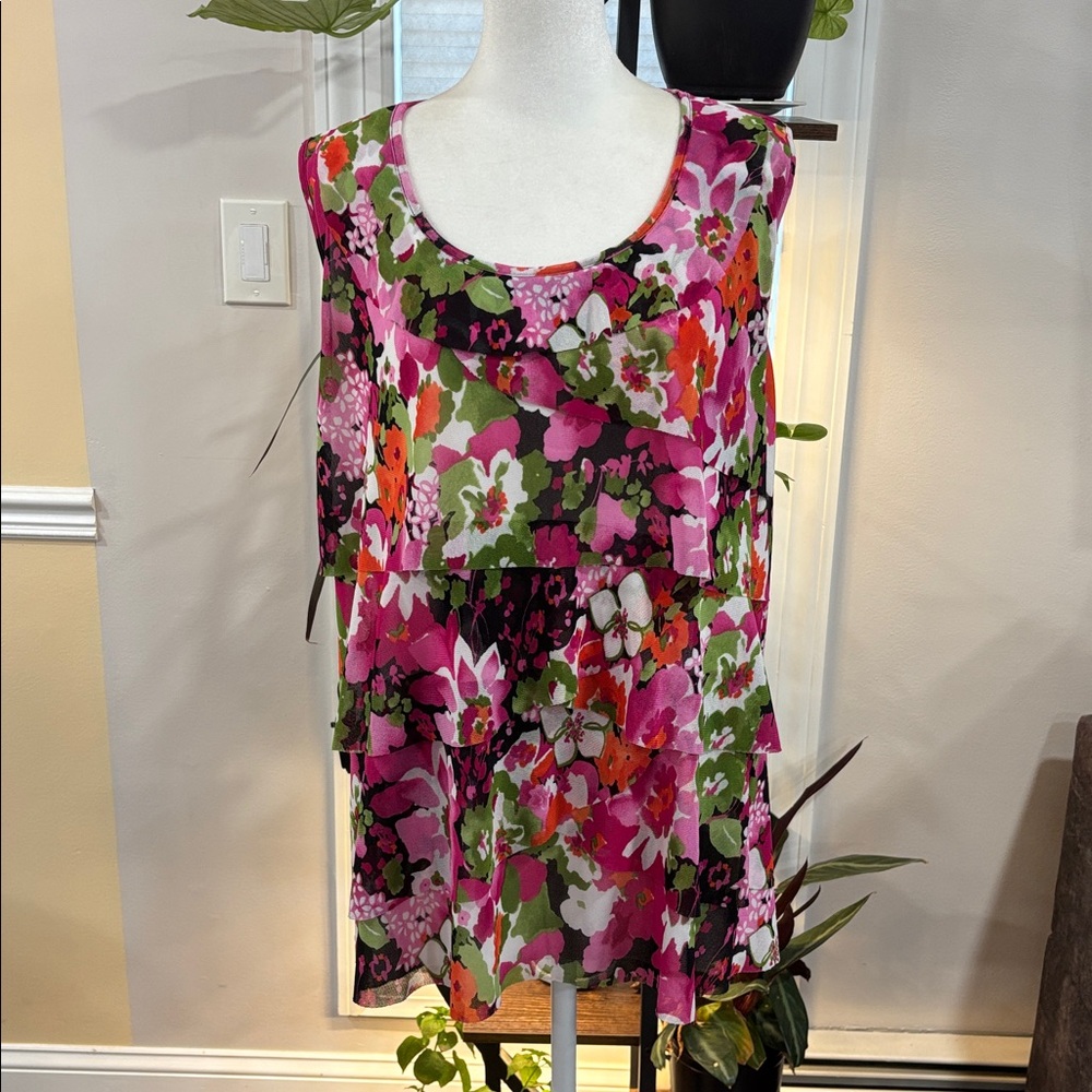 dressbarn Floral Tiered Sleeveless Top in Pink, Green & Orange